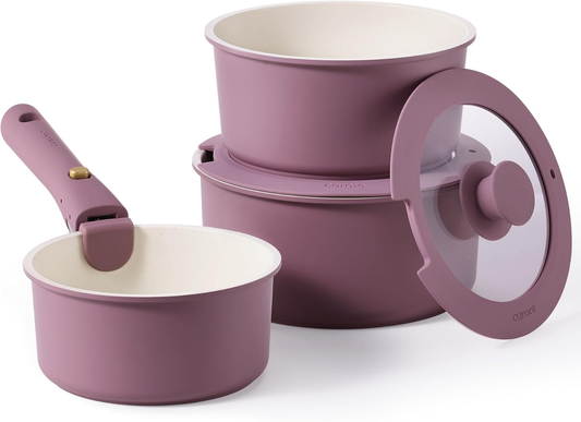 CAROTE Nonstick Sauce Pan Set with Lid 1.5QT, 2QT & 3QT, Non Stick Cooking Pot with Detachable Handle, Non toxic Saucepot, Small Kitchen Pots Induction Pot, PFOA FREE, Easy to Clean, Purple