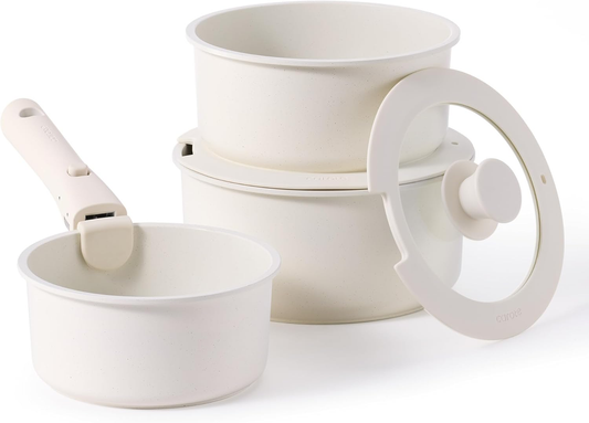 CAROTE Nonstick Sauce Pan Set with Lid 1.5QT, 2QT & 3QT, Non Stick Cooking Pot with Detachable Handle, Non toxic Saucepot, Small Kitchen Pots Induction Pot, PFOA FREE, Easy to Clean, Cream White
