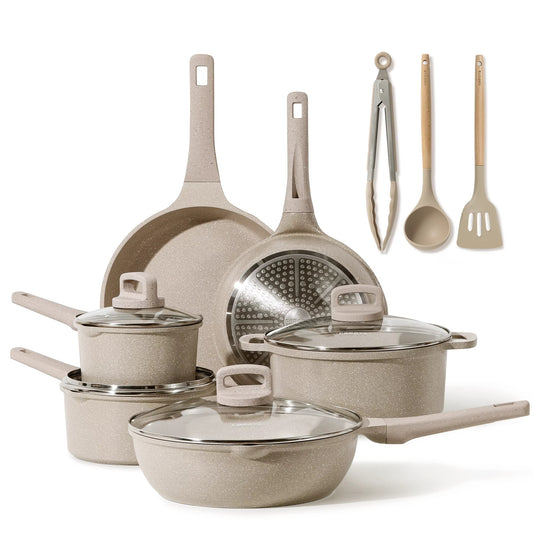 Carote 13 Pcs Nonstick Pots and Pans, Non Stick Cookware Set, Granite Cooking Pots, Taupe