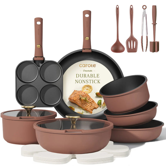 CAROTE 21pcs Pots and Pans Set Non stick,Cookware Set Detachable Handle,kitchen essentials,RV kitchen pot and pan,Induction Cookware,Oven Safe,PFOA PFOS FREE,Burgundy