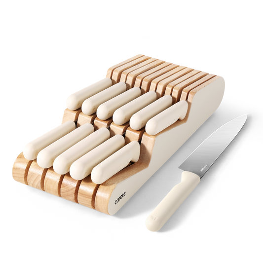 CAROTE 12Pcs Kitchen Knife Set, Dishwasher Safe knife set with Wooden In-Drawer Knife Block, Drawer Knife Set with Razor-Sharp Blades, 6 Steak Knives, Cream White
