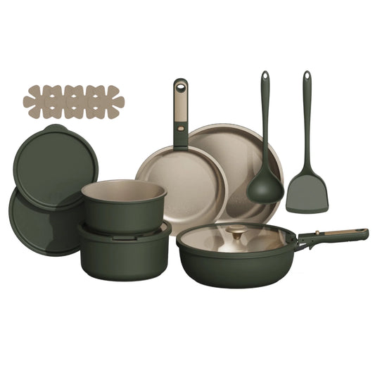 Carote 15 Pcs Ceramic Cookware Set, Pots and Pans Set Non Stick with Detachable Handles, Oven Safe, Induction Cookware, Stackable Kitchen Set, Green