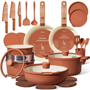 CAROTE 33-Pieces Ceramic Cookware Set, Nonstick Pots and Pans with Detachable Handles and Lids, Induction Compatible, Diswasher Safe, Orange