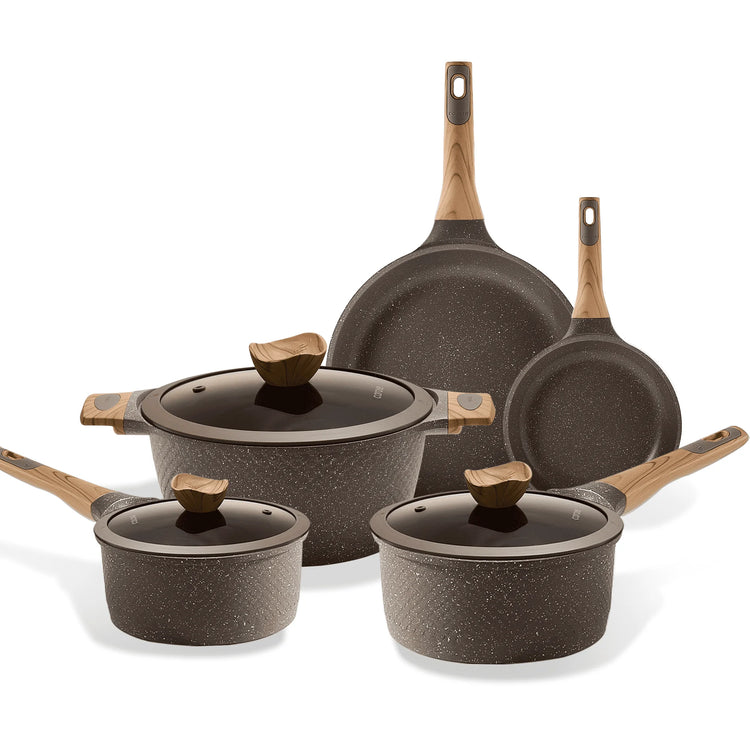 Carote Nonstick Granite Cookware Sets, 8Pcs Brown Pots and Pans, Induction Kitchen Cooking Set