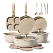 CAROTE 19PCS Pots and Pans set Non Stick, Ceramic Cookware Set, Inside Cashew Beige & Outside Natural Birchwood, RV Kitchen Cooking Set Removable Handles, Oven Safe, Induction Coolware, Non-toxic Kitchen Cooking Set, PFAS and PFOA Free
