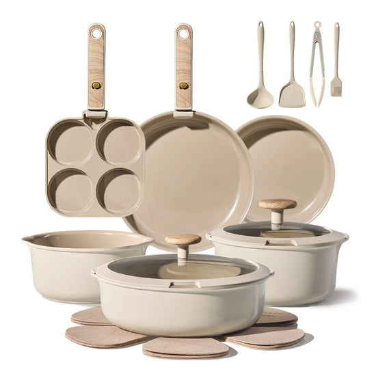 CAROTE 19PCS Pots and Pans set Non Stick, Ceramic Cookware Set, Inside Cashew Beige & Outside Natural Birchwood, RV Kitchen Cooking Set Removable Handles, Oven Safe, Induction Coolware, Non-toxic Kitchen Cooking Set, PFAS and PFOA Free