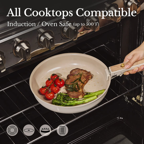 CAROTE 19PCS Pots and Pans set Non Stick, Ceramic Cookware Set, Inside Cashew Beige & Outside Natural Birchwood, RV Kitchen Cooking Set Removable Handles, Oven Safe, Induction Coolware, Non-toxic Kitchen Cooking Set, PFAS and PFOA Free