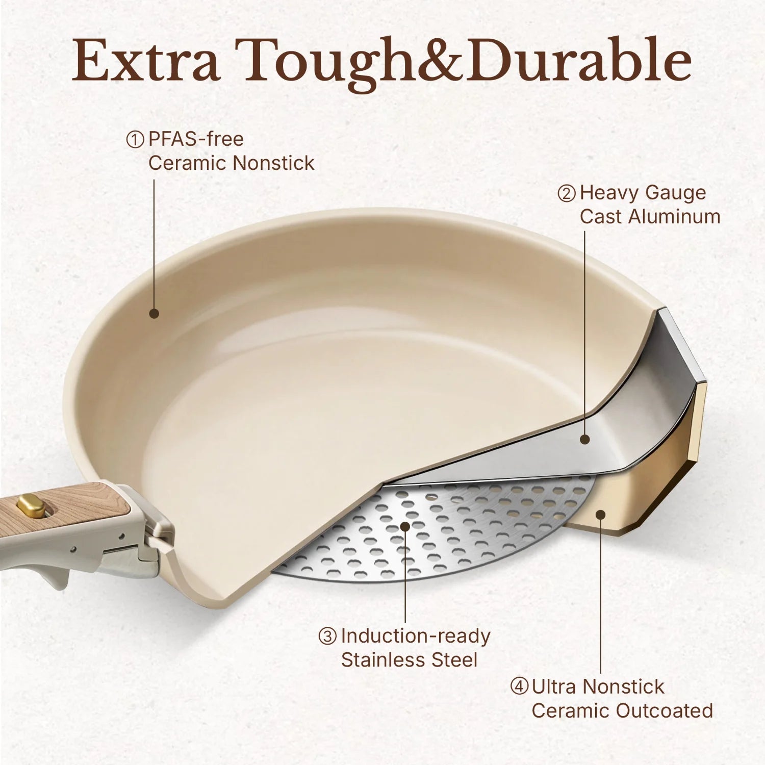 CAROTE 19PCS Pots and Pans set Non Stick, Ceramic Cookware Set, Inside Cashew Beige & Outside Natural Birchwood, RV Kitchen Cooking Set Removable Handles, Oven Safe, Induction Coolware, Non-toxic Kitchen Cooking Set, PFAS and PFOA Free