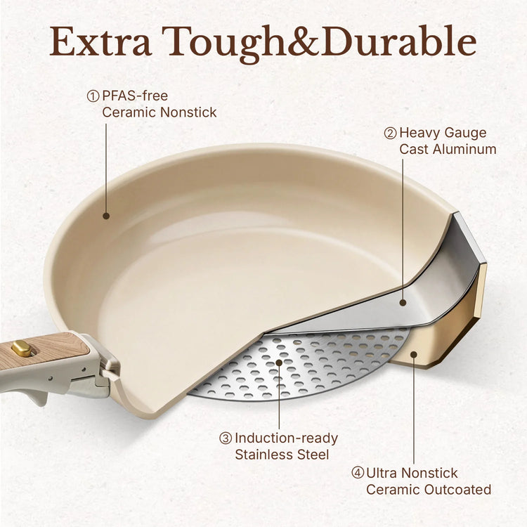 CAROTE 19PCS Pots and Pans set Non Stick, Ceramic Cookware Set, Inside Cashew Beige & Outside Natural Birchwood, RV Kitchen Cooking Set Removable Handles, Oven Safe, Induction Coolware, Non-toxic Kitchen Cooking Set, PFAS and PFOA Free