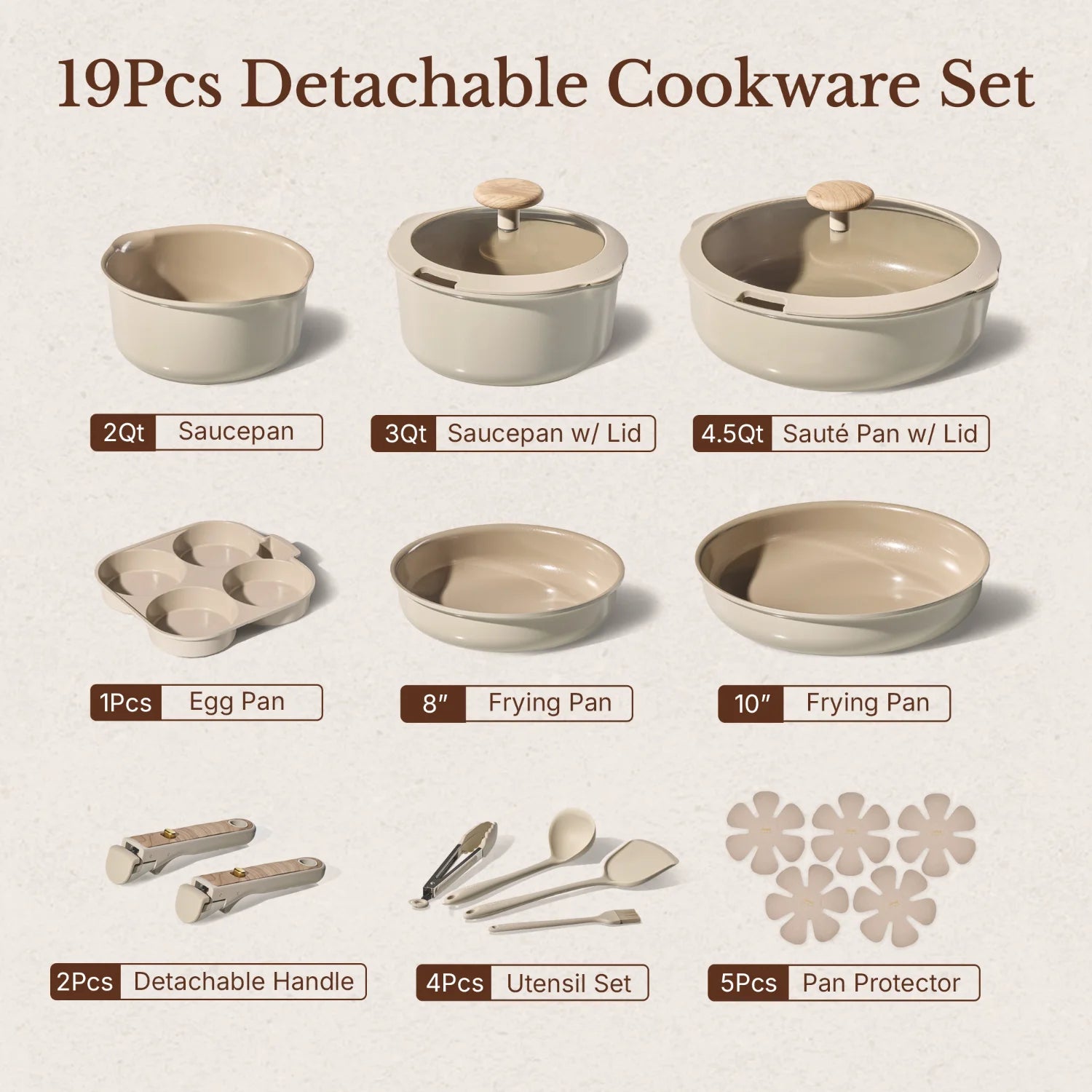 CAROTE 19PCS Pots and Pans set Non Stick, Ceramic Cookware Set, Inside Cashew Beige & Outside Natural Birchwood, RV Kitchen Cooking Set Removable Handles, Oven Safe, Induction Coolware, Non-toxic Kitchen Cooking Set, PFAS and PFOA Free