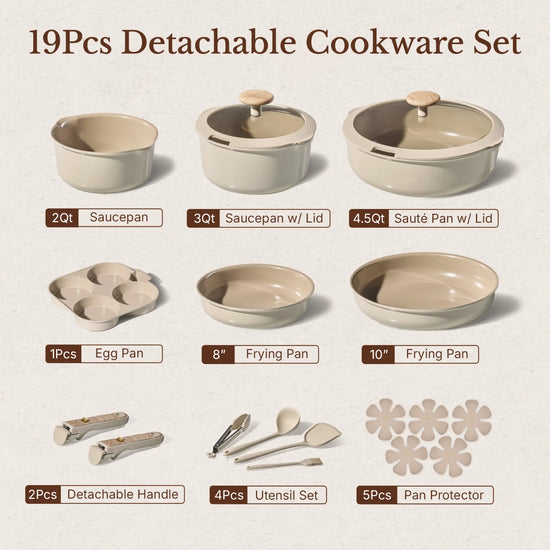 CAROTE 19PCS Pots and Pans set Non Stick, Ceramic Cookware Set, Inside Cashew Beige & Outside Natural Birchwood, RV Kitchen Cooking Set Removable Handles, Oven Safe, Induction Coolware, Non-toxic Kitchen Cooking Set, PFAS and PFOA Free
