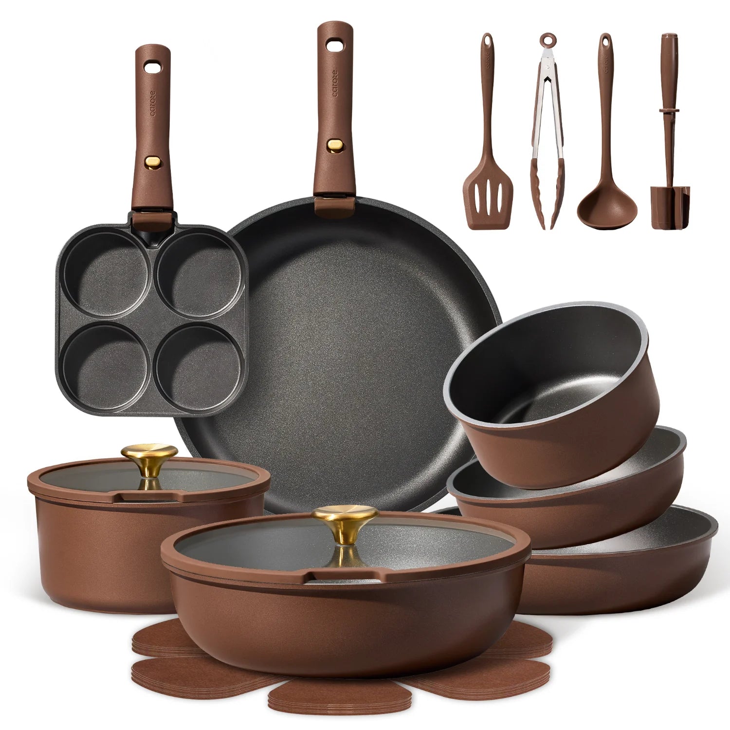CAROTE 21pcs Pots and Pans Set, Nonstick Cookware Set Detachable Handle, Induction Kitchen Cookware Sets Non Stick with Removable Handle, RV Cookware Set, Oven Safe, Brown