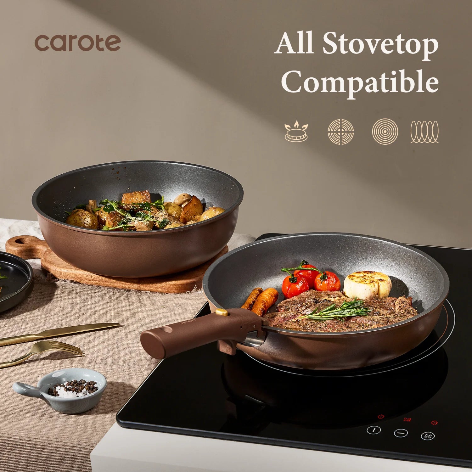 CAROTE 21pcs Pots and Pans Set, Nonstick Cookware Set Detachable Handle, Induction Kitchen Cookware Sets Non Stick with Removable Handle, RV Cookware Set, Oven Safe, Brown