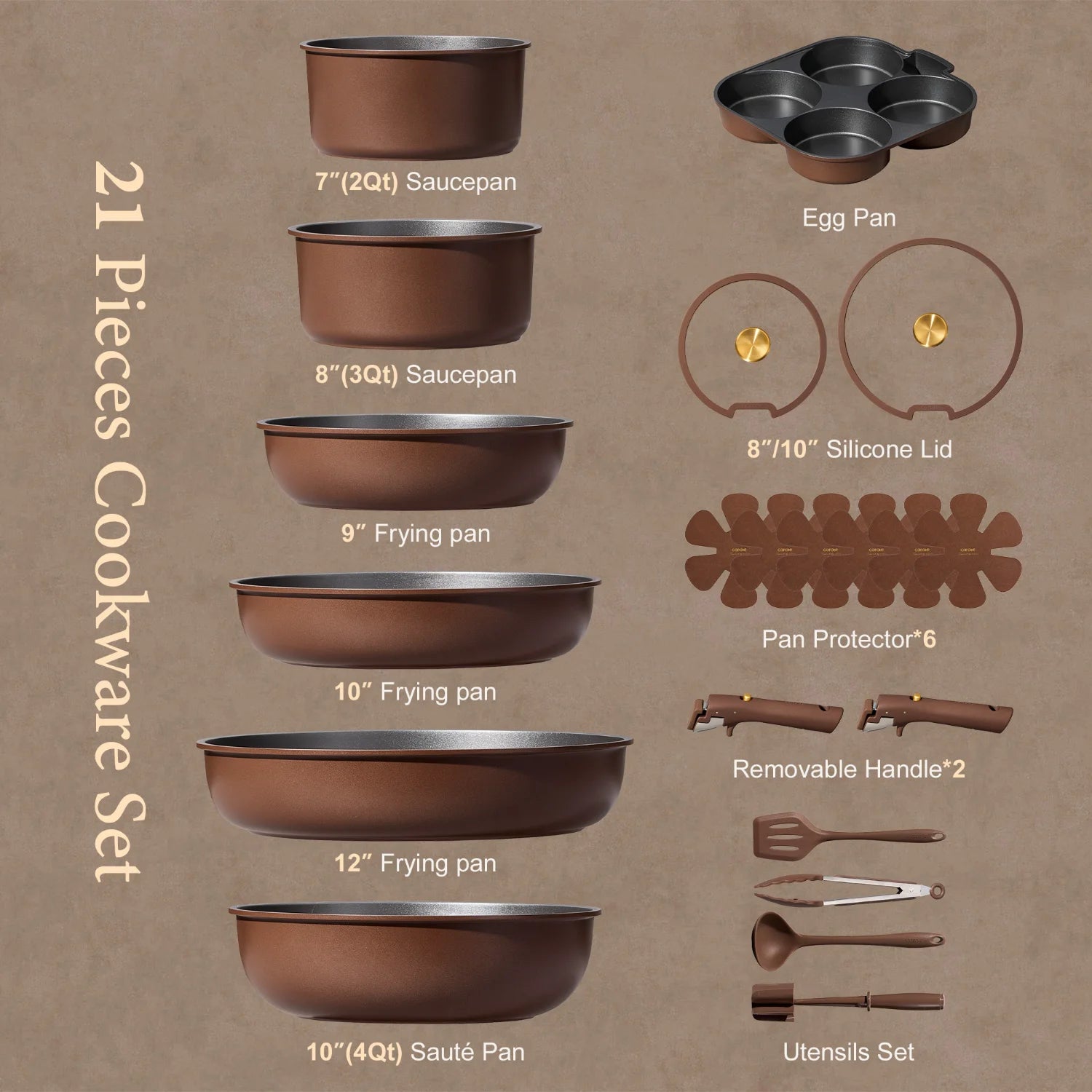 CAROTE 21pcs Pots and Pans Set, Nonstick Cookware Set Detachable Handle, Induction Kitchen Cookware Sets Non Stick with Removable Handle, RV Cookware Set, Oven Safe, Brown