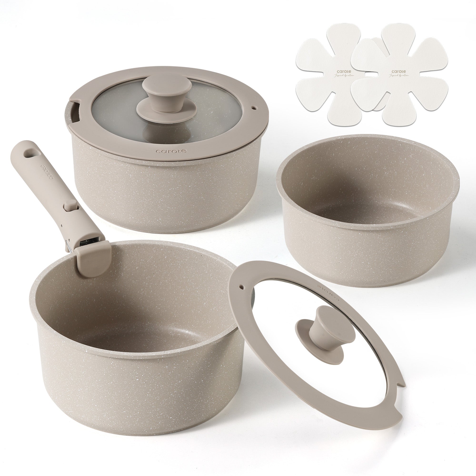 Carote Nonstick Cookware Set 8-Piece,Saucepan Set,Stay-Cool Handles,Induction Compatible,Cookware Set for RV and Camping,Taupe