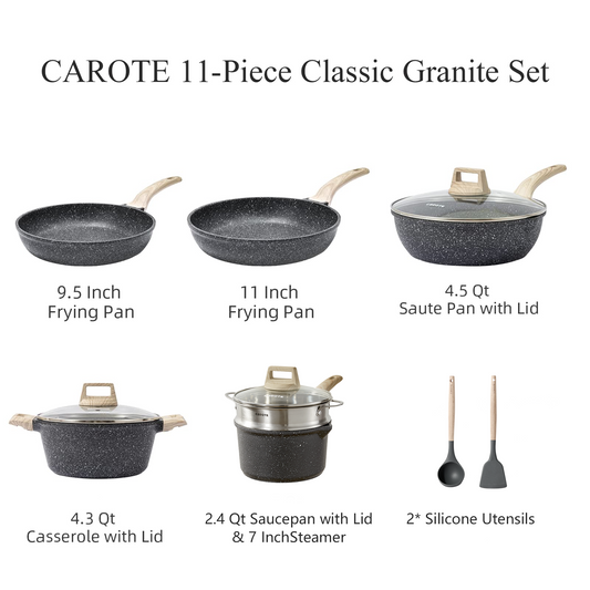 Carote Nonstick Pots and Pans Set, 11 Pcs Induction Kitchen Cookware Sets (Black Granite)