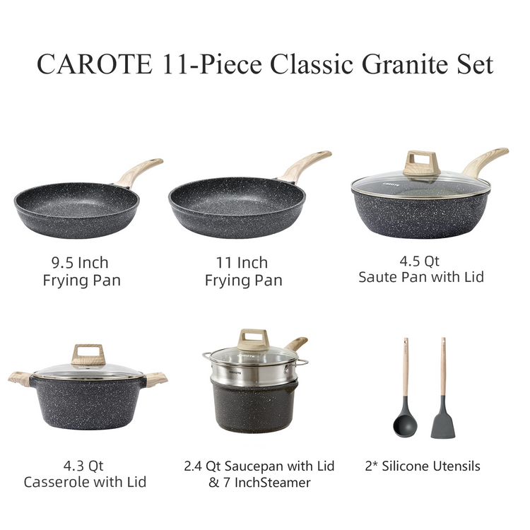 Carote Nonstick Pots and Pans Set, 11 Pcs Induction Kitchen Cookware Sets (Black Granite)