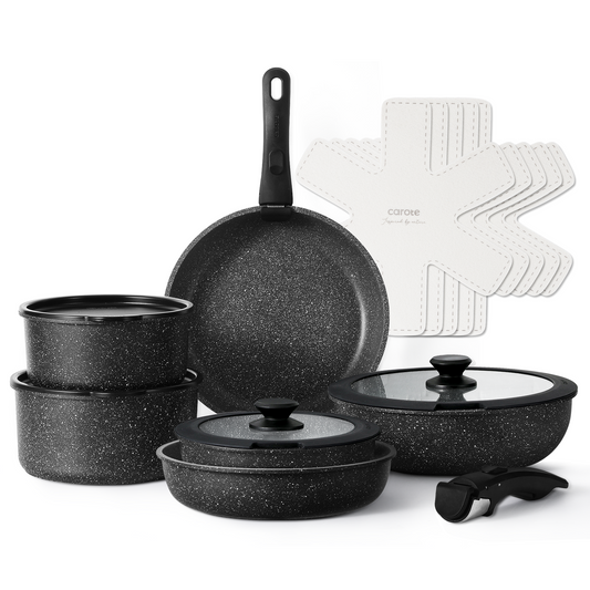 CAROTE 17-Piece Nonstick Cookware Set with Detachable Handles - Black Granite