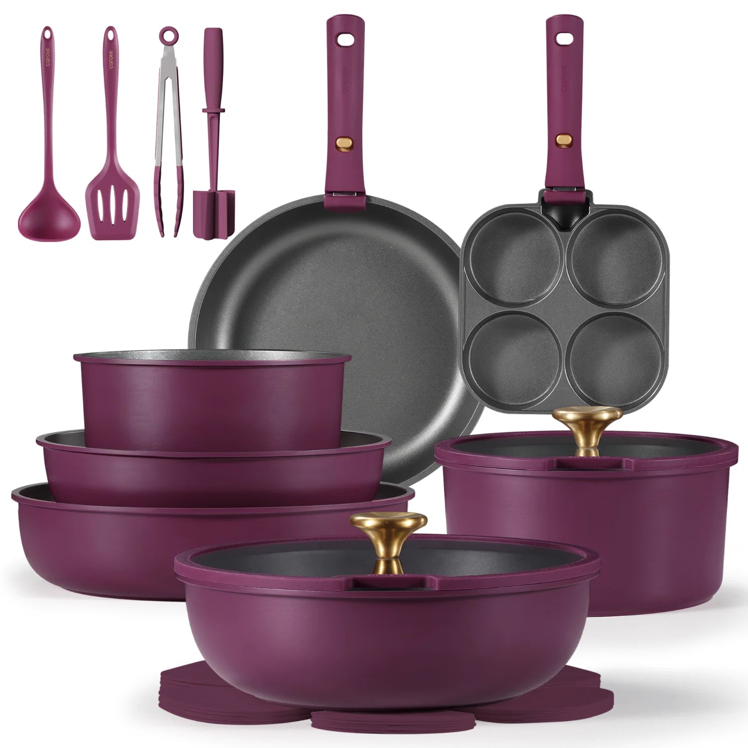 CAROTE 21pcs Pots and Pans Set, Nonstick Cookware Set Detachable Handle, Induction Kitchen Cookware Sets Non Stick with Removable Handle, RV Cookware Set, Gold and Purple