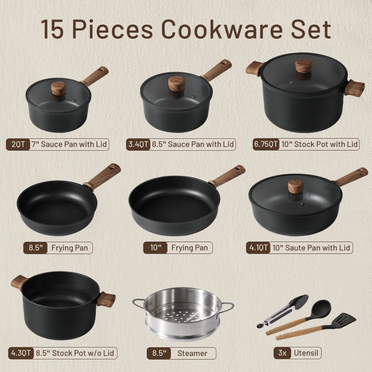 CAROTE 24Pcs Nonstick Kitchen Titanium Cookware Sets, Non stick Pots and Pans set, Induction Cookware Set Black