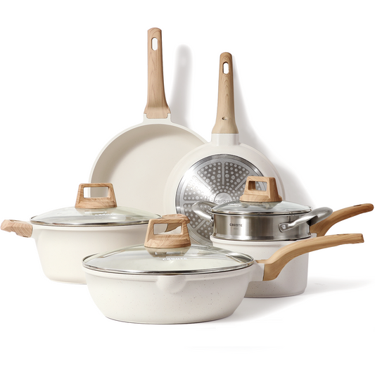 Carote Nonstick Pots and Pans Set, 10 Pcs Granite Stone Kitchen Cookware Sets (White)