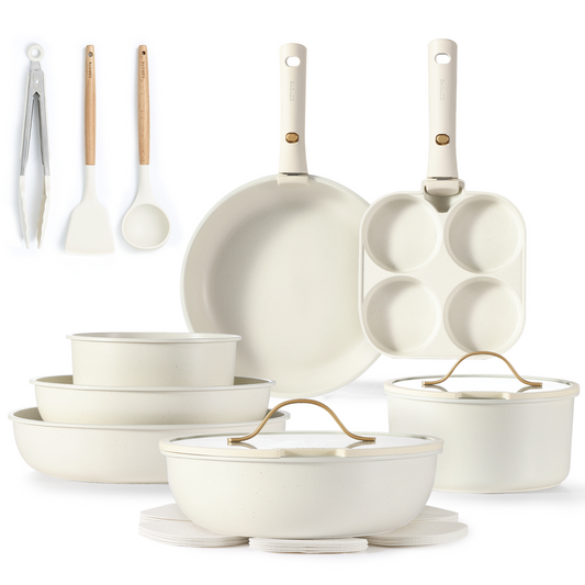CAROTE 19Pcs Pots and Pans Set Detachable Handle, Nonstick Cookware, Cream White