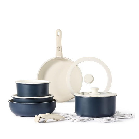 CAROTE 15-Piece Nonstick Cookware Set with Detachable Handles - Dark Blue