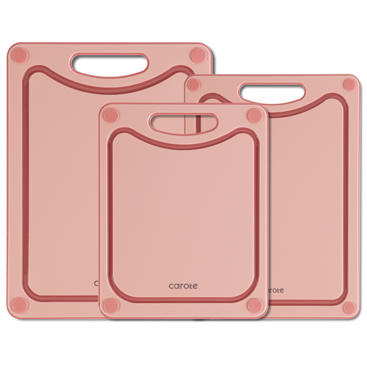 CAROTE Cutting Boards for Kitchen, Reversible Dishwasher Safe Chopping Board with Handles, Large/Medium/Small Cutting Board Set of 3, Non-Slip Rubber, Triple Thickness, Pink