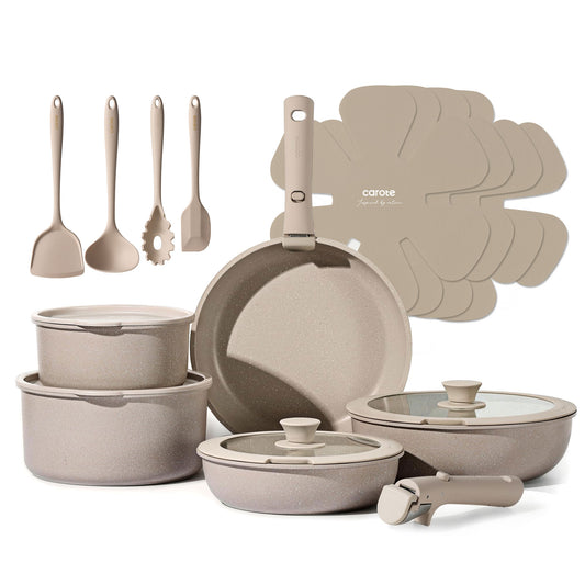 CAROTE 19pcs Pots and Pans Set Non Stick, Nonstick Cookware Set Detachable Handle, Induction Kitchen Cooking Sets with Removable Handle, RV Kitchen, Oven Safe, Taupe