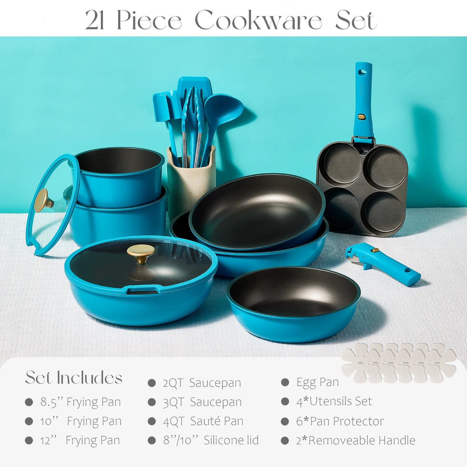 CAROTE 21pcs Pots and Pans Set, Nonstick Cookware Set Detachable Handle, Induction Kitchen Cookware Sets Non Stick with Removable Handle, RV Cookware Set, Peacock Blue