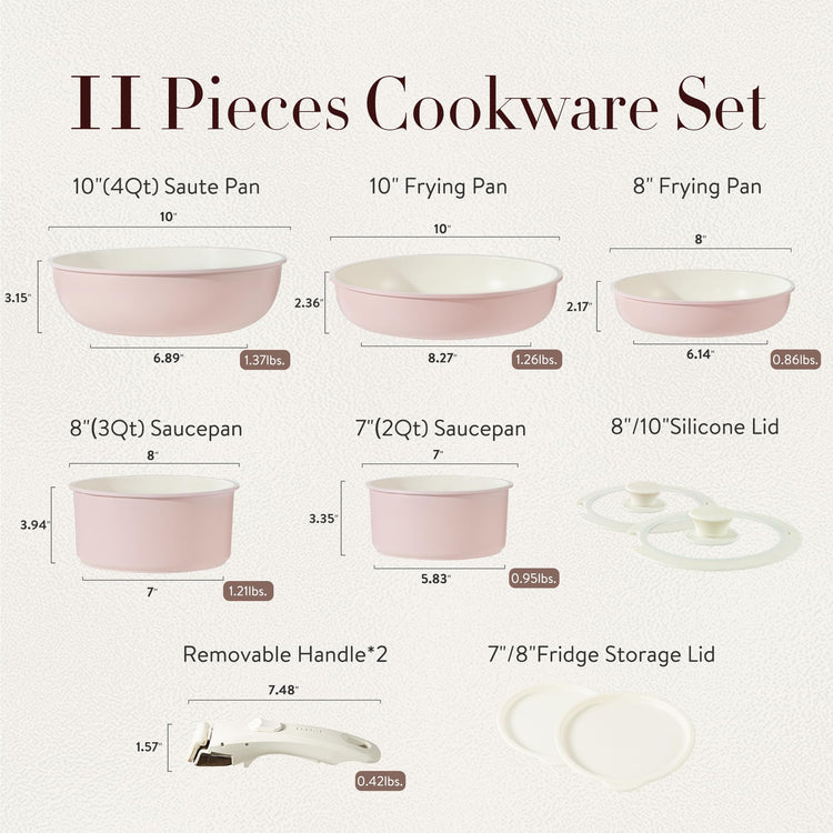 CAROTE 11-Piece Nonstick Cookware Set with Detachable Handles - Pink Granite