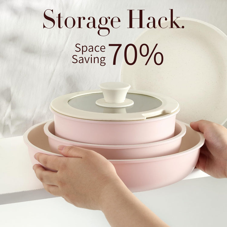 CAROTE 11-Piece Nonstick Cookware Set with Detachable Handles - Pink Granite