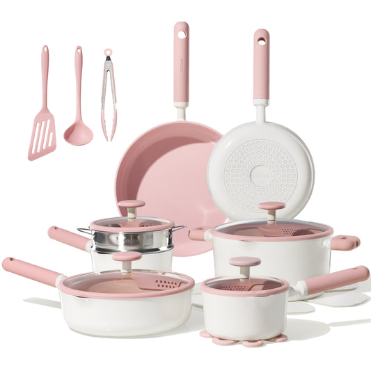 CAROTE Ceramic Cookware Set Nonstick, 21pcs Pots and Pans Set Non stick, Non Toxic Cookware,Dishwasher,RV/Camping Cookware Set, Pan and Pot with Kitchen Utensils, Pink