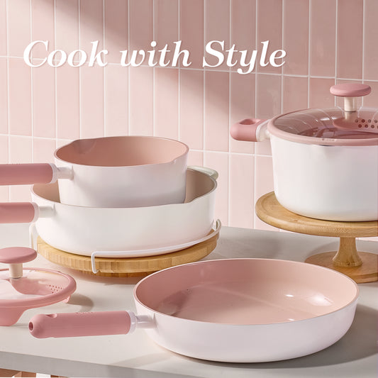 CAROTE Ceramic Cookware Set Nonstick, 21pcs Pots and Pans Set Non stick, Non Toxic Cookware,Dishwasher,RV/Camping Cookware Set, Pan and Pot with Kitchen Utensils, Pink
