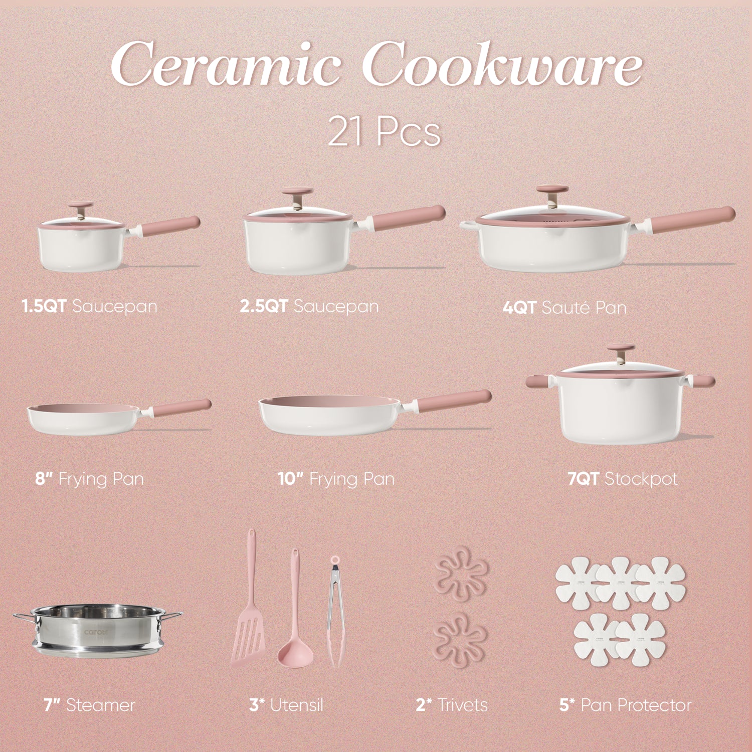 CAROTE Ceramic Cookware Set Nonstick, 21pcs Pots and Pans Set Non stick, Non Toxic Cookware,Dishwasher,RV/Camping Cookware Set, Pan and Pot with Kitchen Utensils, Pink