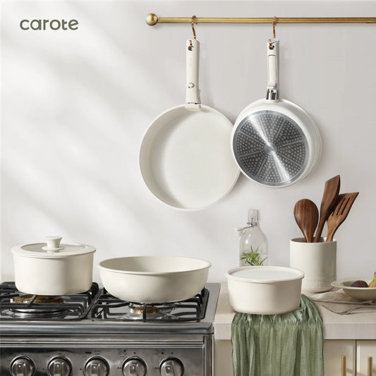 CAROTE 33pcs Pots and Pans Set Non Stick, Cookware Set, Removable Handle Pots and Pans Nonstick, RV Oven Safe Cookware, Induction Kitchen Cookware Set, Knife Set, Cream White