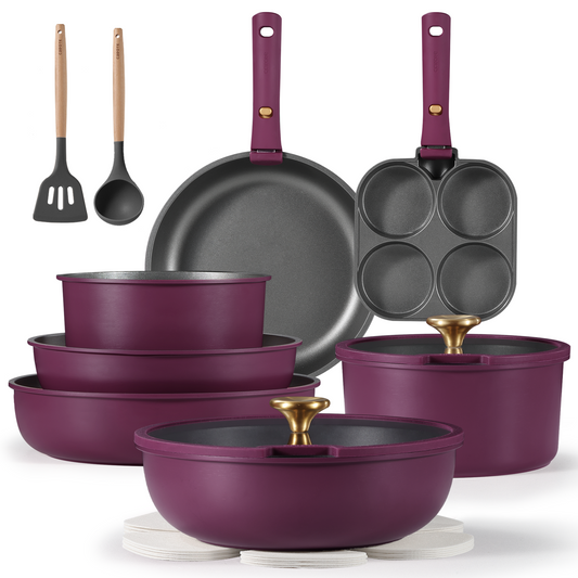 Carote 20pcs cookware set with detachable handle-dark purple with golden knob