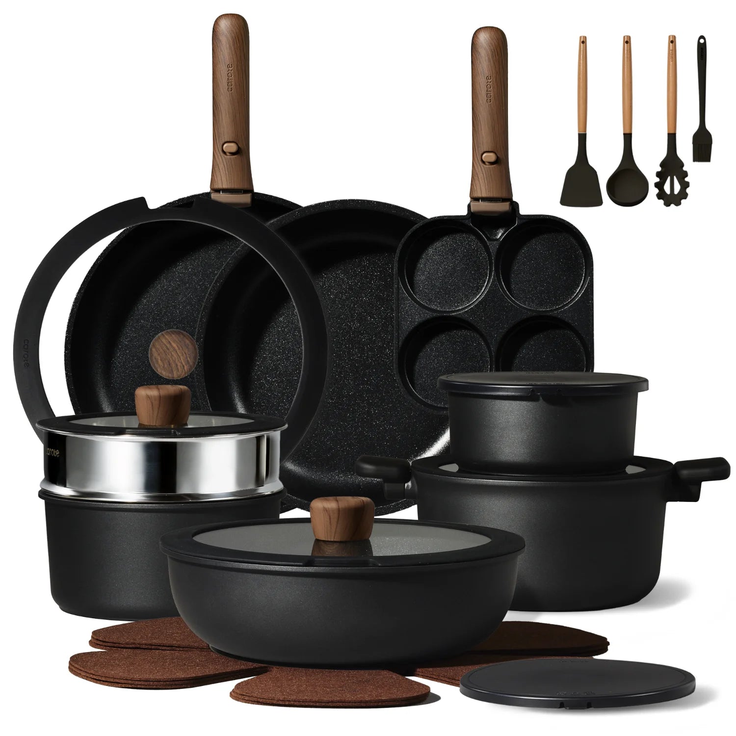 CAROTE 26pcs Pots and Pans Set Non Stick, Cookware Sets, Kitchen Set, Oven/Dishwasher/Fridge Safe, Space Saving Pots Set, Nonstick Set with Versatile Detachable Handle, Induction RV Set, Black