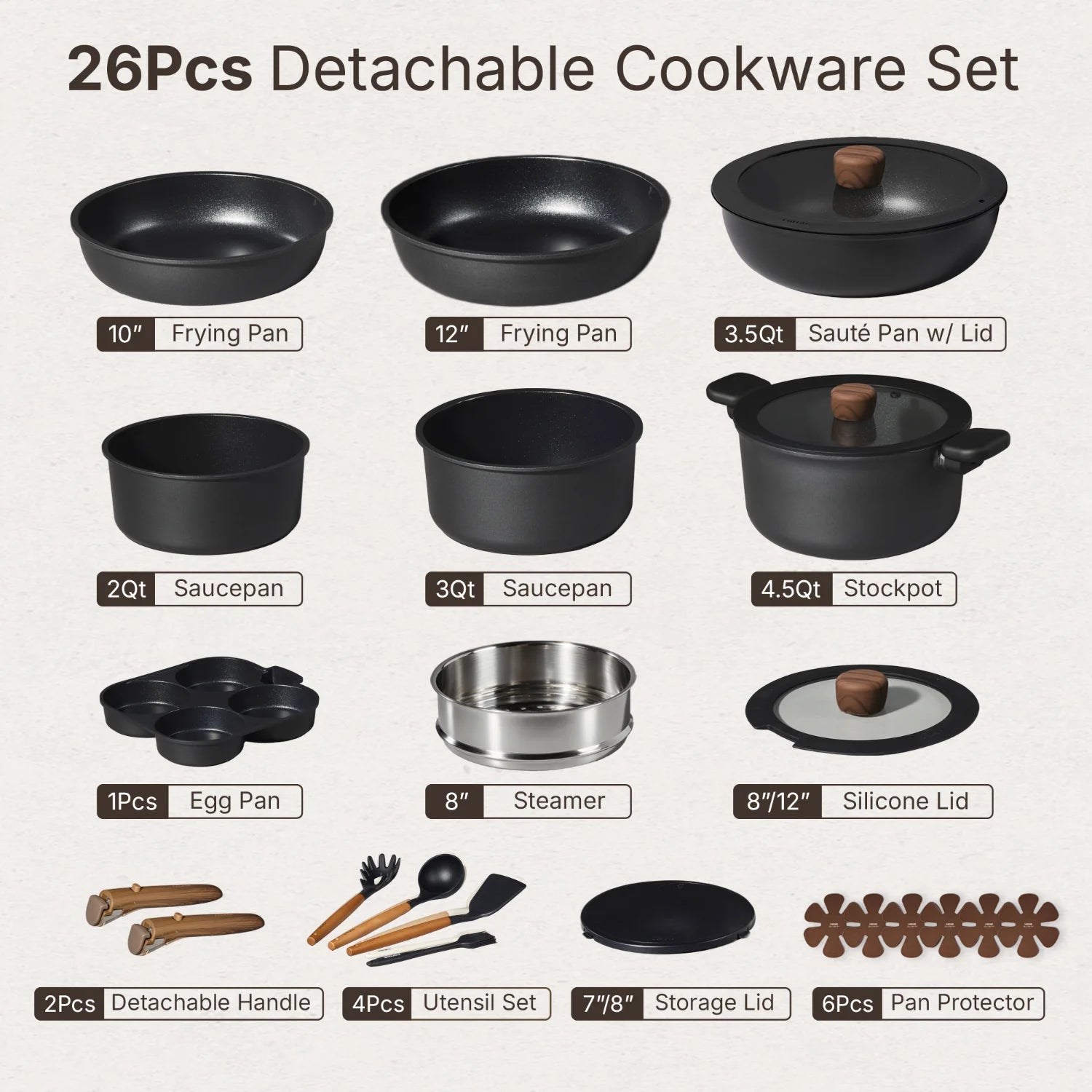 CAROTE 26pcs Pots and Pans Set Non Stick, Cookware Sets, Kitchen Set, Oven/Dishwasher/Fridge Safe, Space Saving Pots Set, Nonstick Set with Versatile Detachable Handle, Induction RV Set, Black