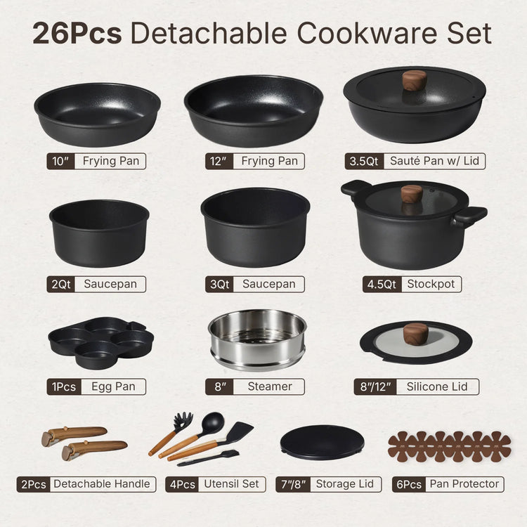 CAROTE 26pcs Pots and Pans Set Non Stick, Cookware Sets, Kitchen Set, Oven/Dishwasher/Fridge Safe, Space Saving Pots Set, Nonstick Set with Versatile Detachable Handle, Induction RV Set, Black
