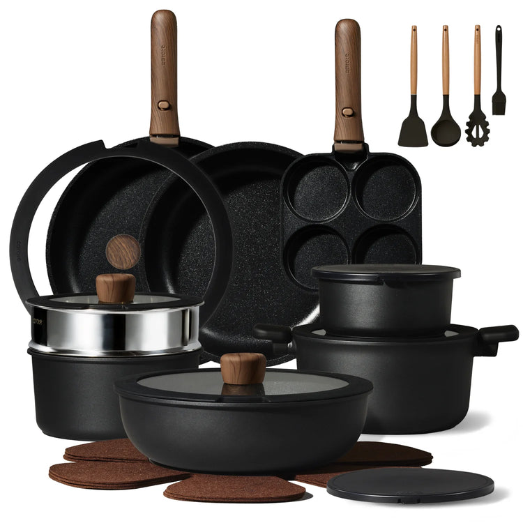 CAROTE 26pcs Pots and Pans Set Non Stick, Cookware Sets, Kitchen Set, Oven/Dishwasher/Fridge Safe, Space Saving Pots Set, Nonstick Set with Versatile Detachable Handle, Induction RV Set, Black
