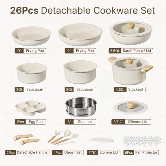 CAROTE 26pcs Pots and Pans Set Non Stick, Cookware Sets, Kitchen Set, Oven/Dishwasher/Fridge Safe, Space Saving Pots Set, Nonstick Set with Versatile Detachable Handle, Induction RV Set, Cream White