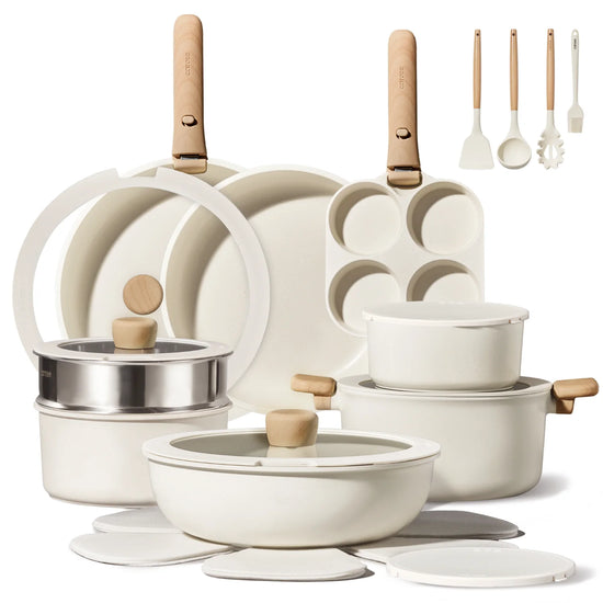CAROTE 26pcs Pots and Pans Set Non Stick, Cookware Sets, Kitchen Set, Oven/Dishwasher/Fridge Safe, Space Saving Pots Set, Nonstick Set with Versatile Detachable Handle, Induction RV Set, Cream White