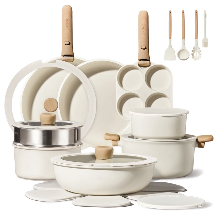 CAROTE 26pcs Pots and Pans Set Non Stick, Cookware Sets, Kitchen Set, Oven/Dishwasher/Fridge Safe, Space Saving Pots Set, Nonstick Set with Versatile Detachable Handle, Induction RV Set, Cream White