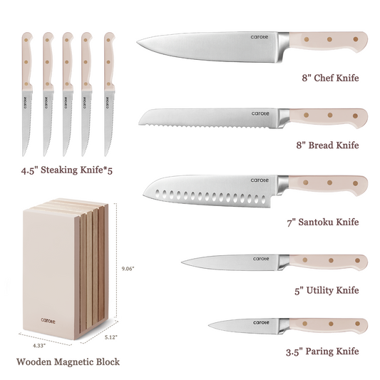 CAROTE 11PCS Knife Set with Block for kitchen, Stainless Steel Razor-Sharp Blade, Triple Riveted Ergonomic Handle,Essential Knife Set, Coffee