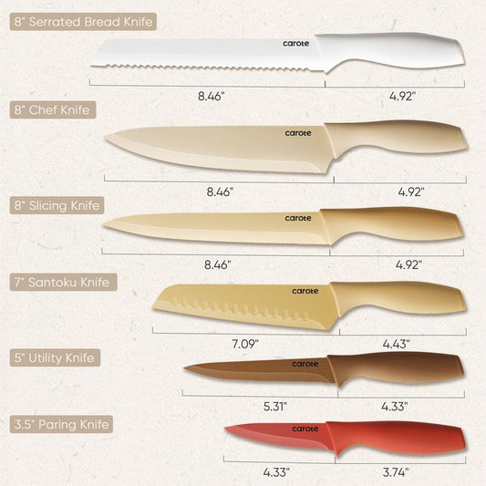CAROTE 12 Pieces Kitchen Knife Set, Stainless Steel Knife Set With Nonstick Ceramic Coating,Anti-Rust,Brown