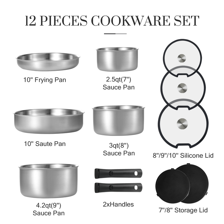 CAROTE 12pcs Pots and Pans Set, Stainless Steel Kitchen Cookware Set Detachable Handle, Induction Cookware Sets with Removable Handle, RV Cookware Set, Oven Safe, Stainless Steel, Black