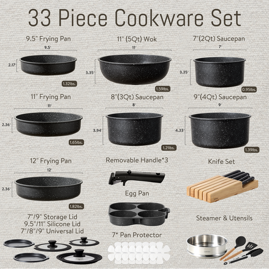 CAROTE 33pcs Pots and Pans Set Non Stick, Cookware Set, Removable Handle Pots and Pans Nonstick, RV Oven Safe Cookware, Induction Kitchen Cookware Set, Knife Set, Midnight Black