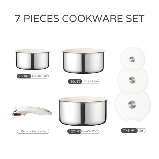 CAROTE 7pcs Stainless Steel Pots and Pans Set with Removable Handle, Cookware Set with Detachable Handle, RV Kitchen Cookware Set, Oven/Dishwasher Safe