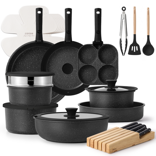 CAROTE 33pcs Pots and Pans Set Non Stick, Cookware Set, Removable Handle Pots and Pans Nonstick, RV Oven Safe Cookware, Induction Kitchen Cookware Set, Knife Set, Midnight Black